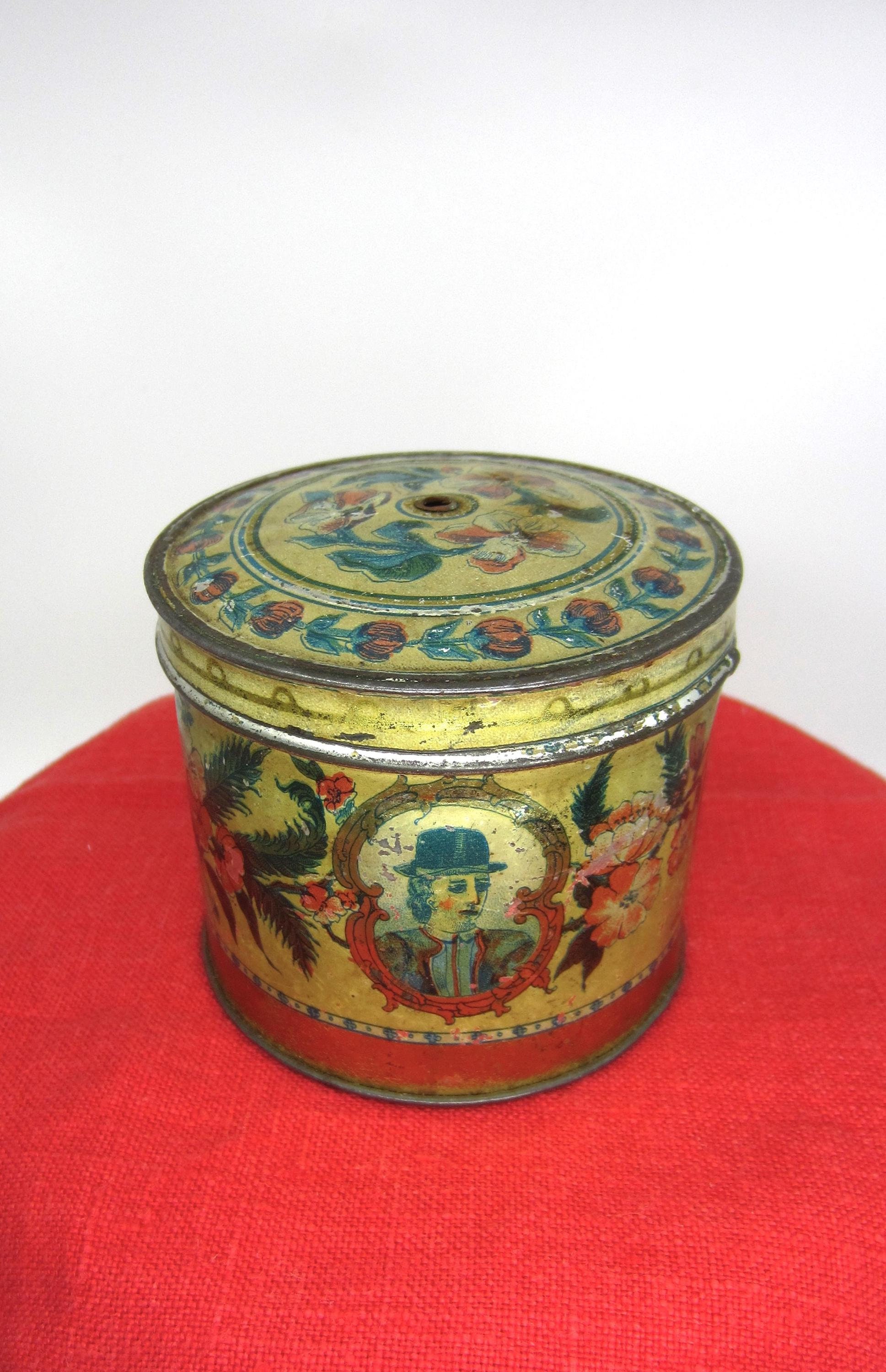 Antique / vintage Swedish thread or string dispenser / spool holder / yarn box Old Scandinavian tin can Floral decor Girls in folk costumes