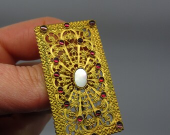 Broche Vintage Art Nouveau - Laiton Doré Sertie D'un Grenat - Fleur - Très Bon état