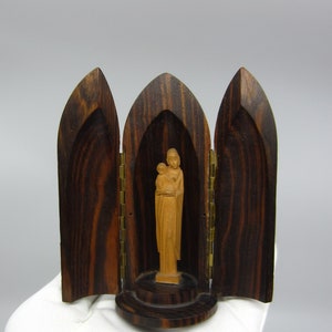 Vintage wooden miniature Madonna and Child in a bullet shaped chapel Marked on bottom Travel shrine Carved Catholic figurine Christian gift