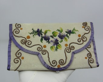 Vintage of antieke envelop geborduurde etui van wol en zijde/naaidoosje Gestikte viooltjes Snoerdecoraties Victoriaanse/Edwardiaanse stijl