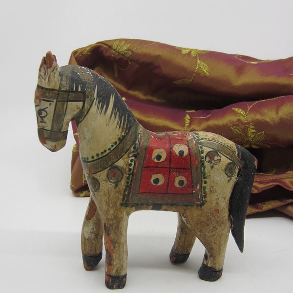 Vintage Indian hand painted wooden miniature model of Ghodi Wedding Horse Small ethnic figurine Traditional ornament Hand crafted decoration