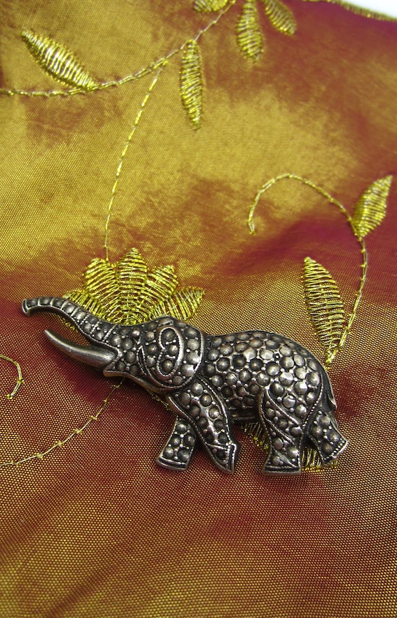 Broche Ancienne Éléphant En Argent Massif Et Marcassite - Bijou Vintage #K35 - Occasion