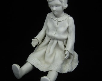 Vintage Swedish handmade white ceramic sculpture Doll in a dress, bonnet & knickers Signed Unusual pottery figure Unique quirky home decor