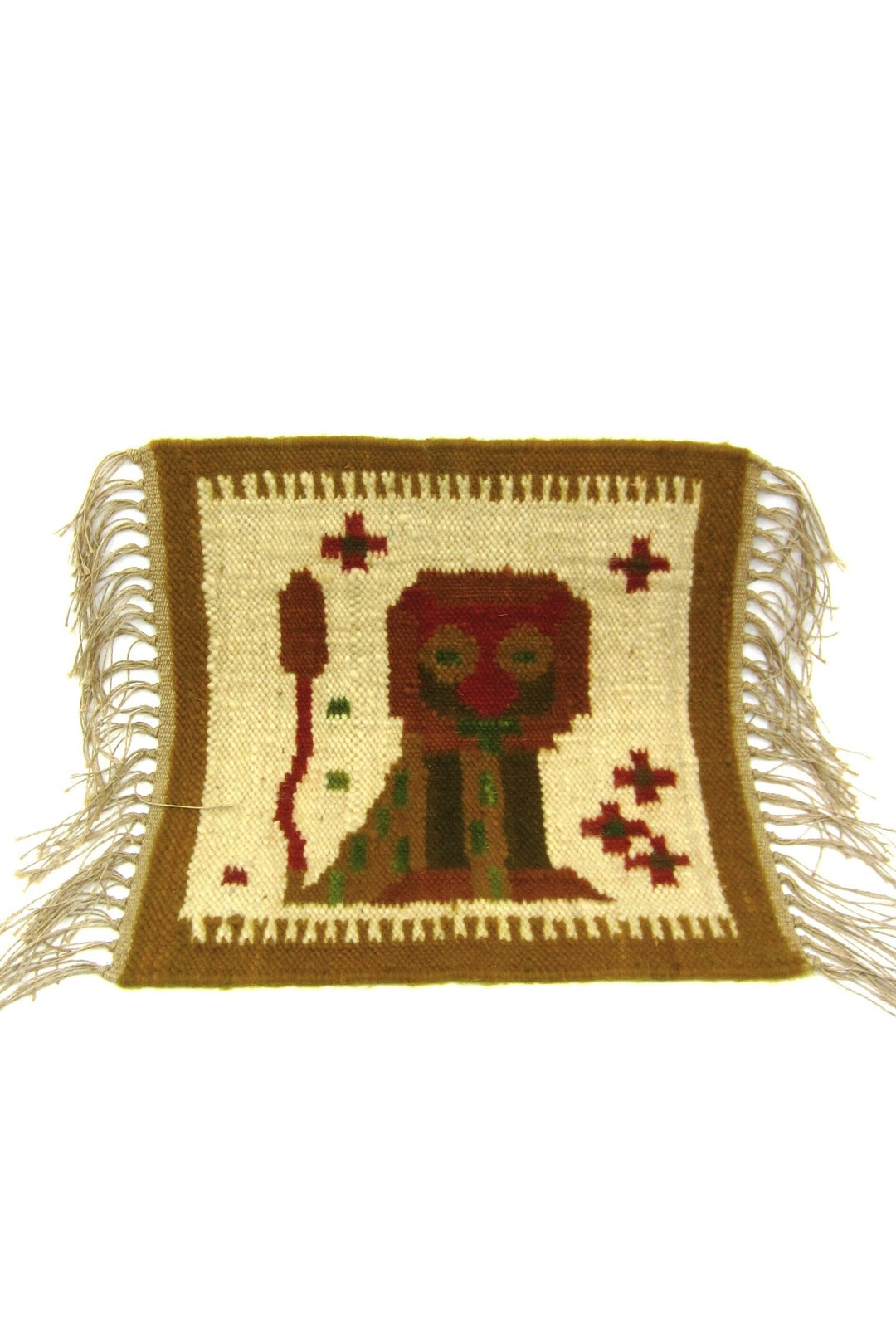 Vintage Polish Maria Domanska Small Hand Woven Woolen Rug LION Flax ...