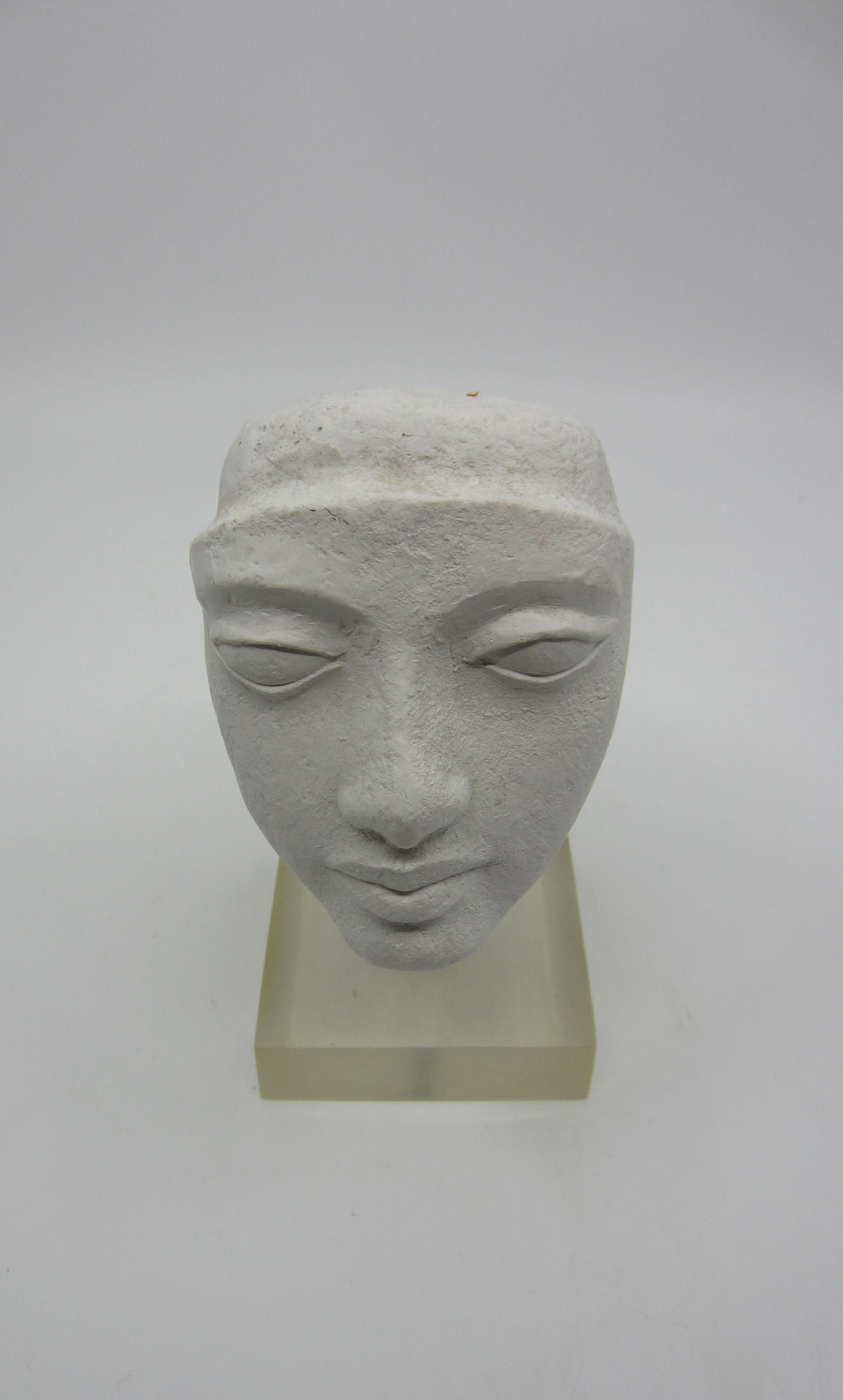 Vintage small plaster sculpture Unfinished head of Egyptian Queen Nefertiti the wife of King Akhenaten Amarna style Acrylic / lucite base