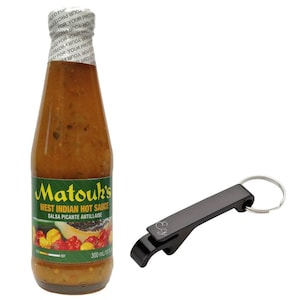 May include: A glass bottle of Matouk's West Indian Hot Sauce, with a green label and a picture of peppers. The bottle is 300 ml and is next to a black bottle opener with a key ring.
