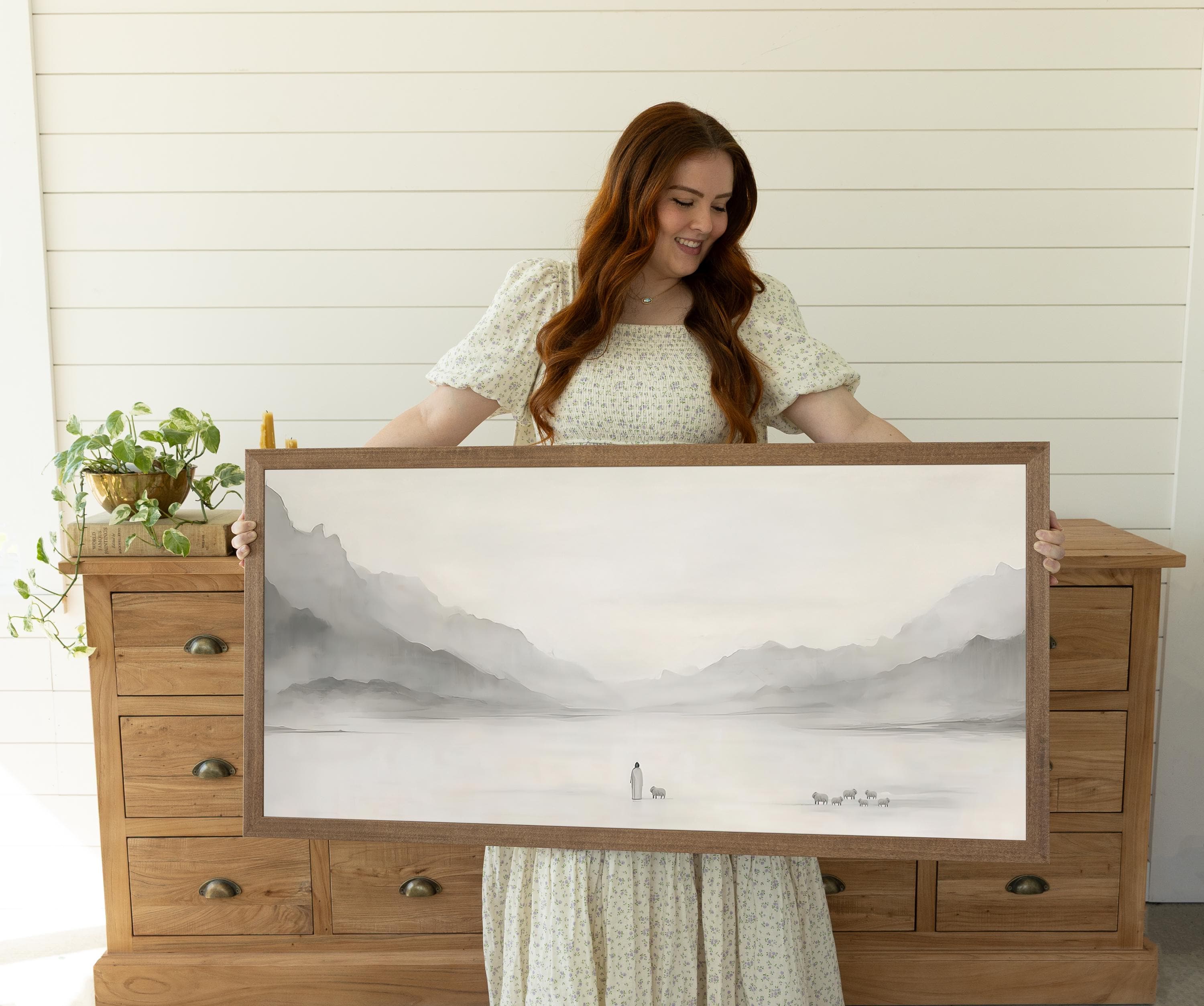 Jesus Leaves the 99 Art, Framed Print Minimalist Neutral Painting, Biblical Art, Modern Christian Wall Artwork, LDS Art Faith Gifts (Grey)