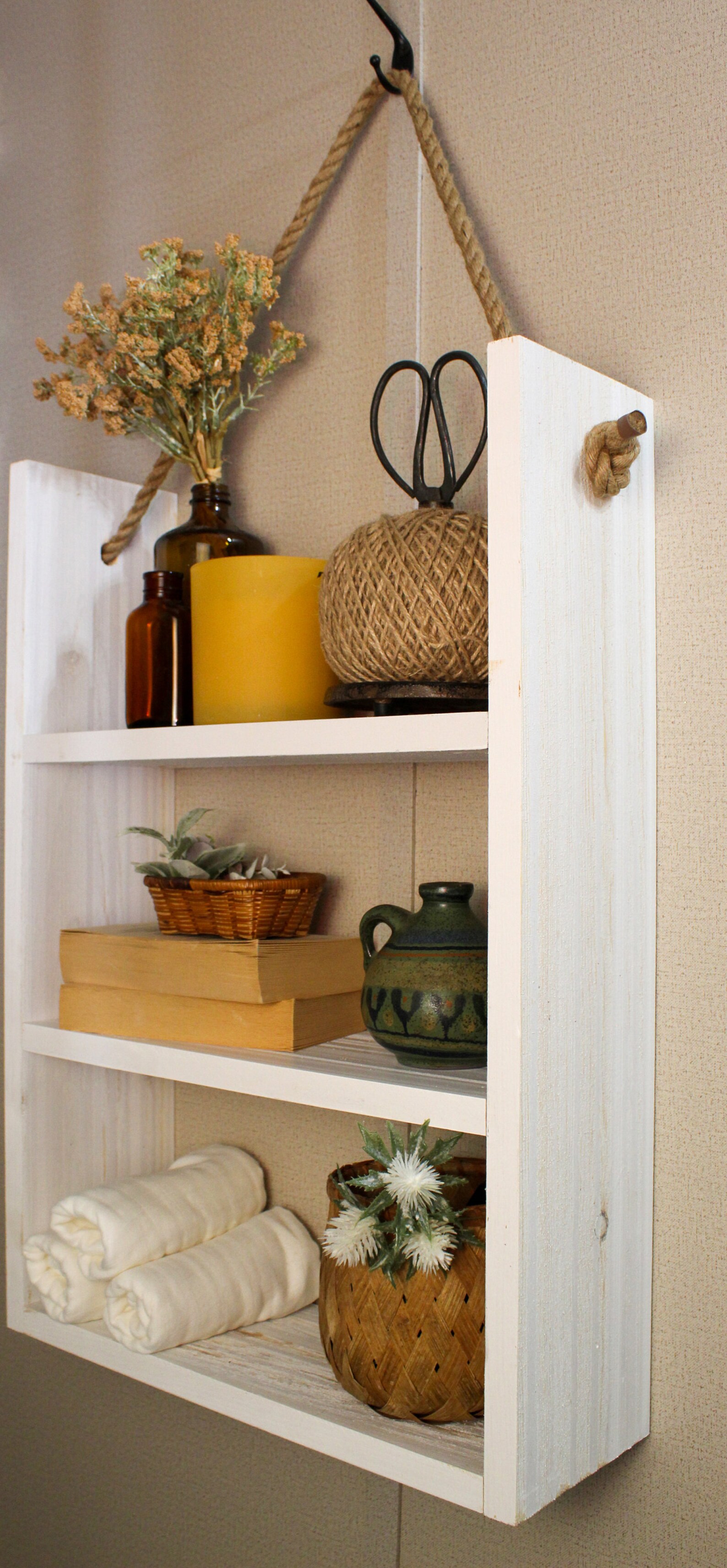 Rustic Wooden Bathroom Decor Rope Hanging Bathroom Shelves Etsy