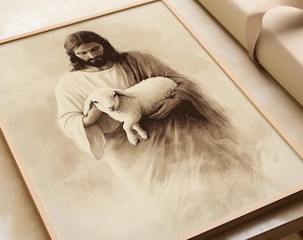 Framed Jesus and Lamb Print, He is Risen  Biblical Art, Christian Artwork, Modern Christian decor, Beige Spiritual Christian Art Work