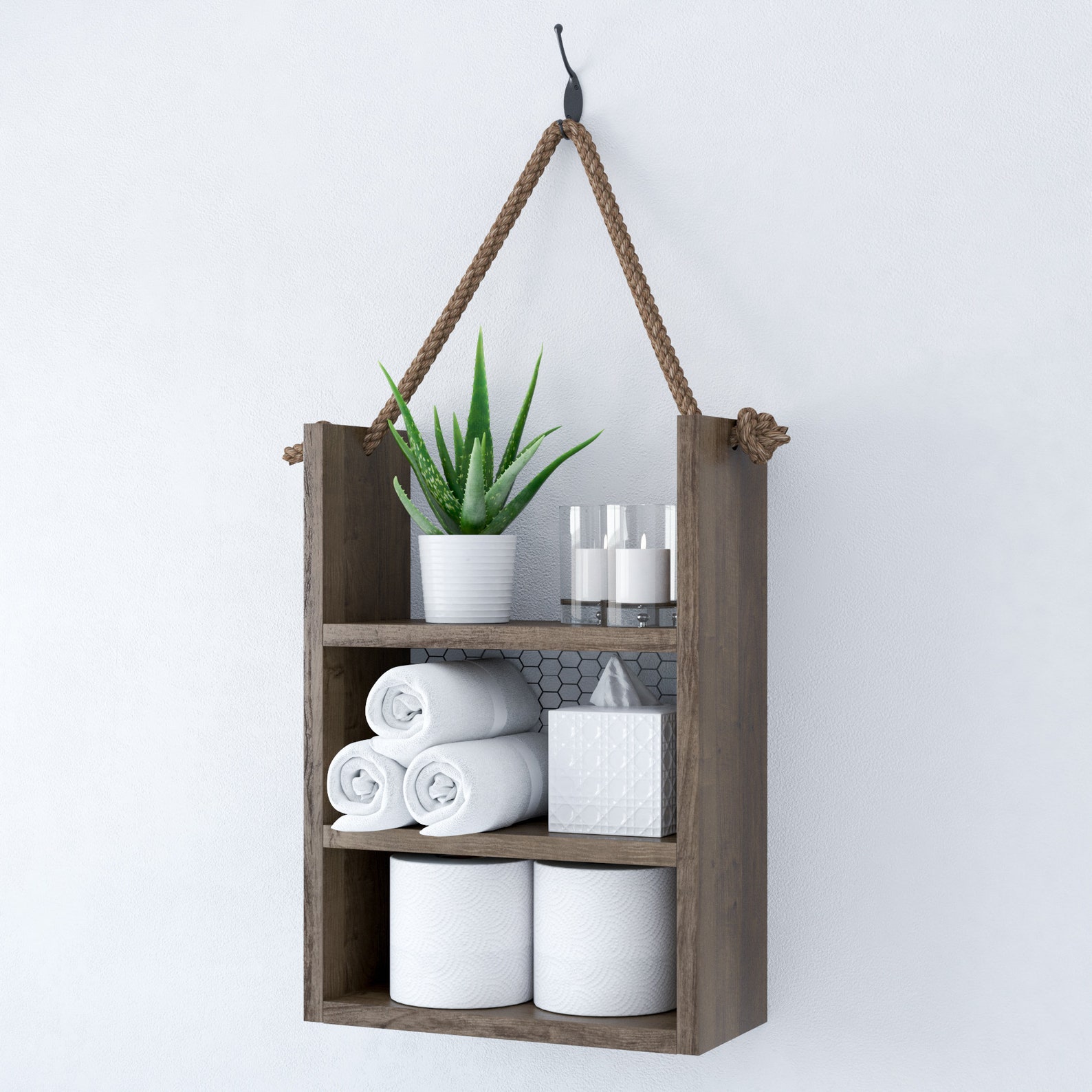 Rustic Wood Rope Hanging Bathroom Shelves Farmhouse Style - Etsy