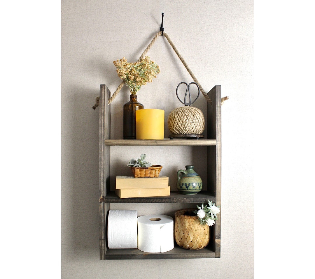 Rustic Wooden Bathroom Decor, Rope Hanging Bathroom Shelves, Farmhouse