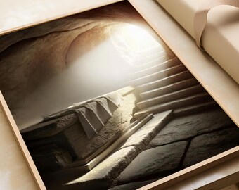 Framed Jesus Tomb Resurrection Print, He is Risen  Biblical Art, Christian Artwork, Modern Christian decor, Spiritual Christian Art Work