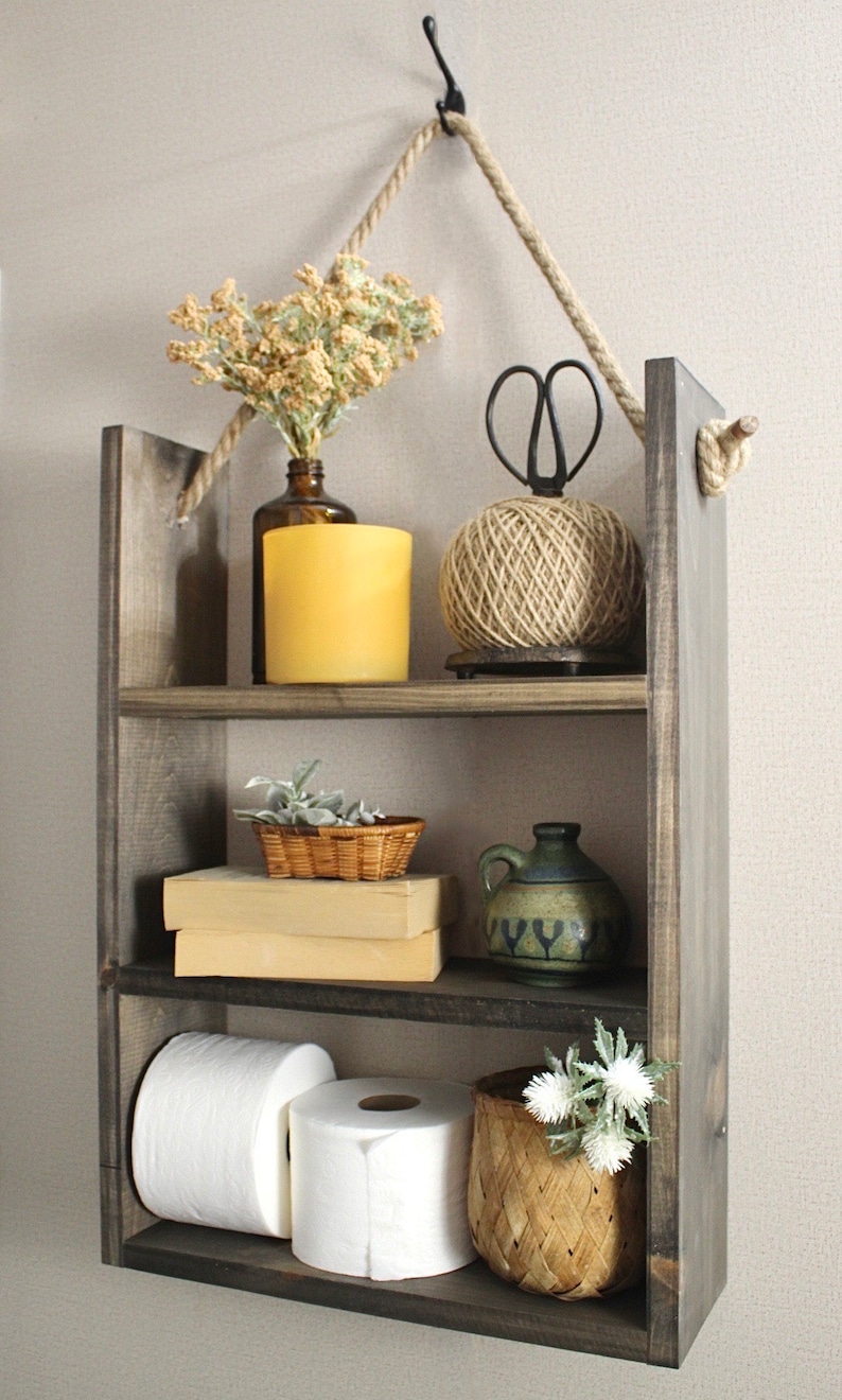 Rustic Wooden Bathroom Decor Rope Hanging Bathroom Shelves Etsy