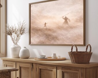 David and Goliath Art Framed Print Biblical Wall Decor Large Modern Christian Art Canvas Religious Minimalist Shepherd Parable Artwork