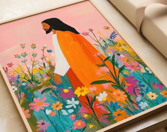 Jesus & The Wildflowers Colorful Christian Art Framed Bible Verse Wall Art Watercolor Painting  Spring Decor Digital Download