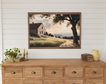 Framed Farmhouse Landscape Print: Rustic Country Cottage Wall Art
