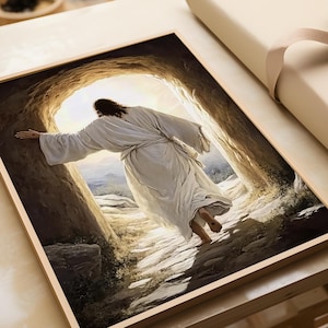 Impression de résurrection de Jésus, oeuvre d&#39;art il est ressuscité, art mural biblique, décoration chrétienne moderne, peinture de Pâques, Christ quittant le tombeau