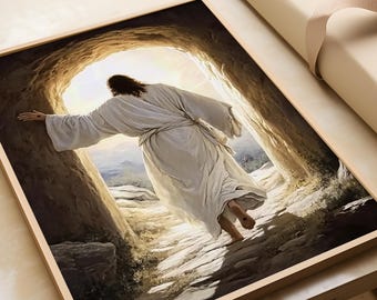Jesus resurrection print, He is risen artwork, Biblical wall art, Modern christian decor, Easter painting, Christ leaving the tomb