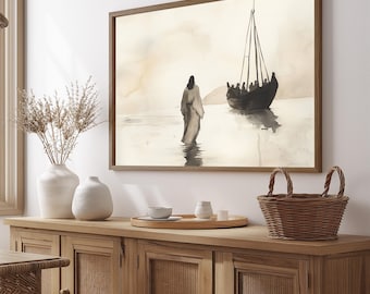 Christian Wall Art Bible Story Jesus Walking Water Print Modern Home Decor Faith Inspiring Religious Artwork Framed Biblical Scene Spiritual
