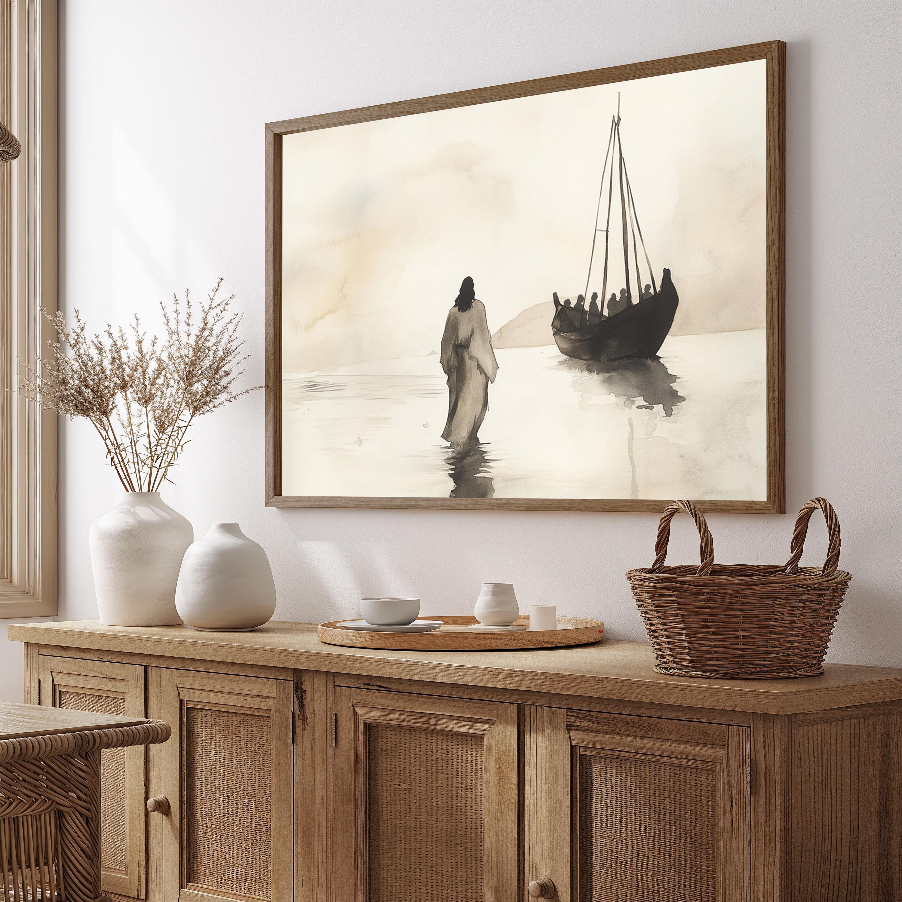 Christian Wall Art Bible Story Jesus Walking Water Print Modern Home Decor Faith Inspiring Religious Artwork Framed Biblical Scene Spiritual