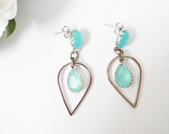 Mint Silver Earrings, Long Dangle Earrings, Mint Bridal Earrings, Rhinestone Mint Earrings, Mint Opal Earrings