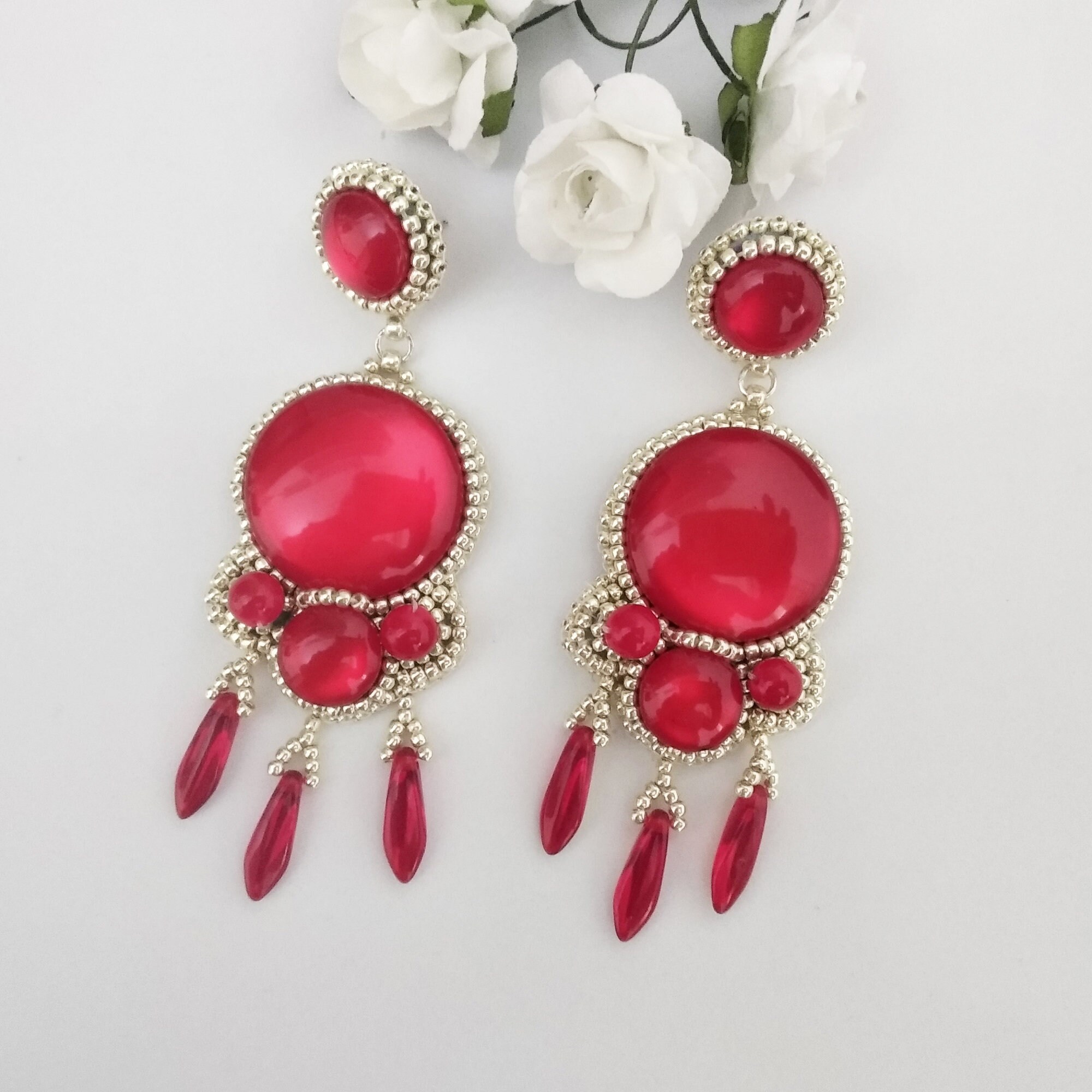Red Statement Earrings, Long Red Earrings, Red Beaded Earrings, Red Dangle Earrings, Red