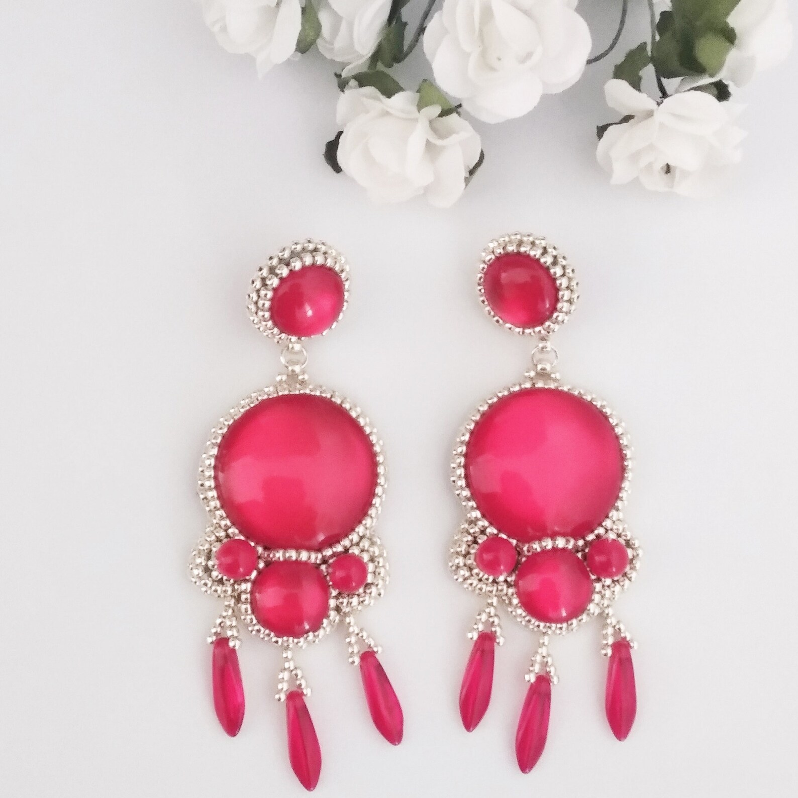 Red Statement Earrings Long Red Earrings Red Beaded Etsy