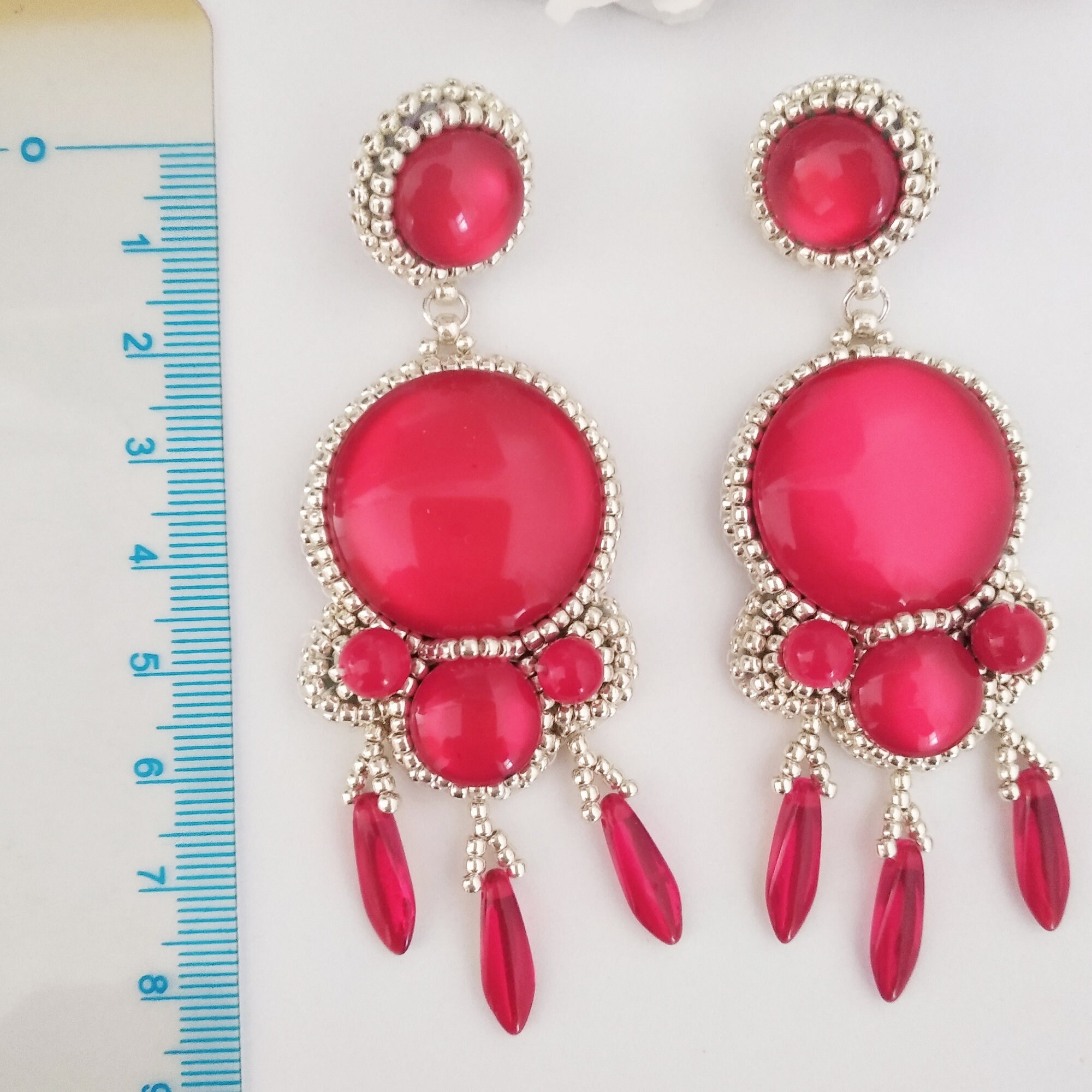 Red Statement Earrings Long Red Earrings Red Beaded Etsy