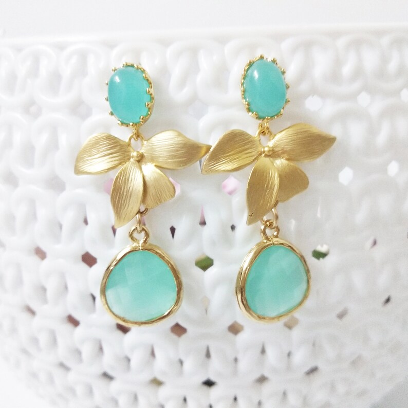 Wild Orchid Flower Earrings, Mint Gold Earrings, Long Dangle Earrings