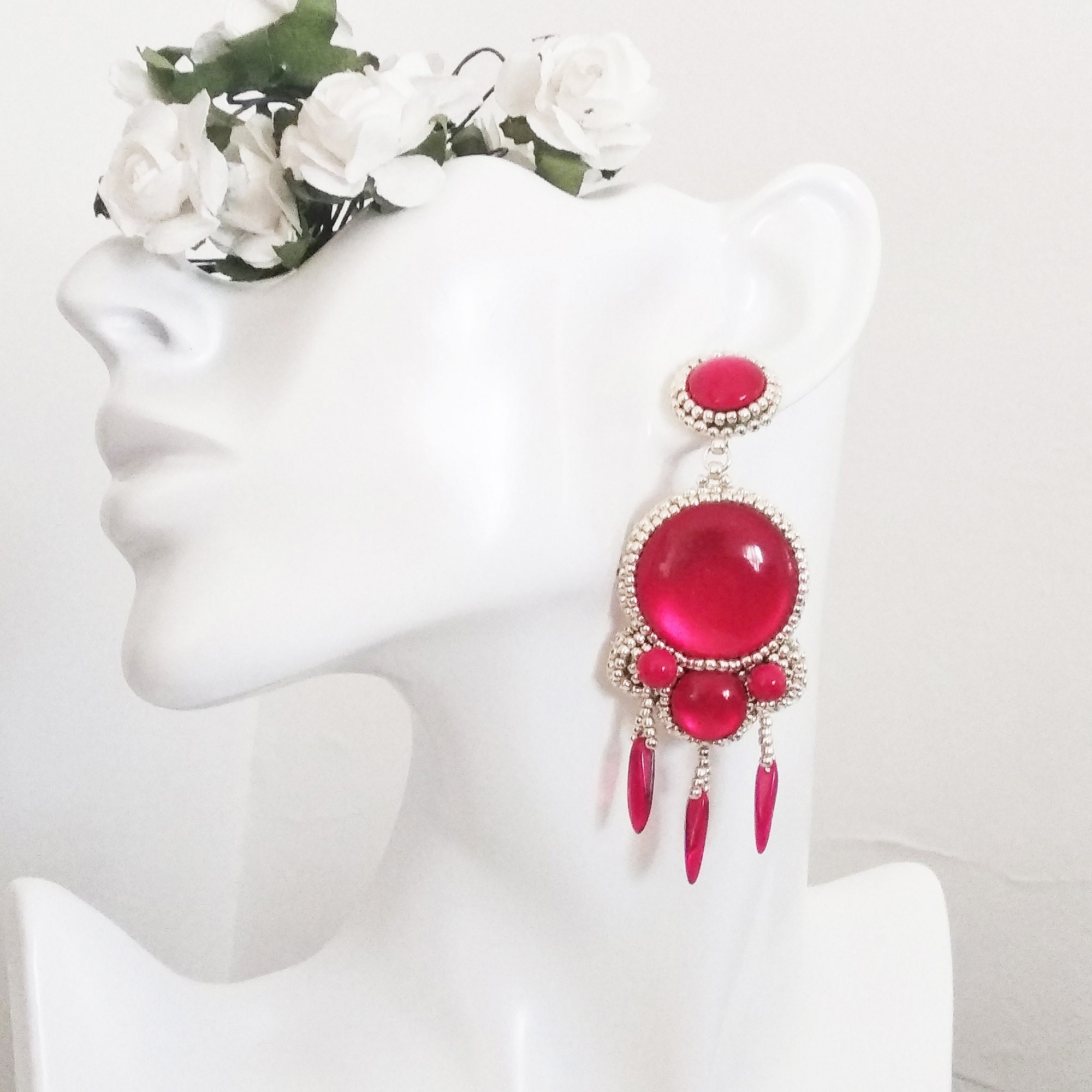 Red Statement Earrings, Long Red Earrings, Red Beaded Earrings, Red Dangle Earrings, Red