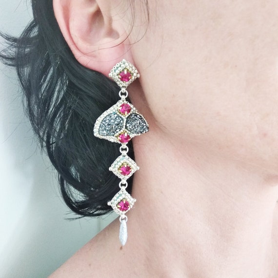 Fuchsia Dangle Earrings Statement Embroidered Earrings Long Stud Post Earrings Sparkle Earrings Unique Long Dangle Earring Lightweight Etsy Canada
