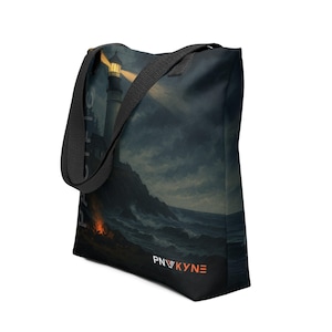 May include: Black tote bag featuring a dramatic coastal scene with a lighthouse, stormy sea, and dark clouds. The lighthouse beam shines brightly. The bag has black straps and the text "PNWKYNE" in orange.