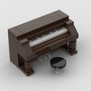 May include: A miniature brown piano with a black piano stool. The piano has a keyboard with white and black keys. The piano has four decorative legs. The stool is round and black.