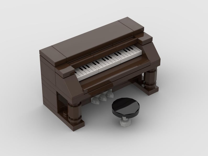 May include: A miniature brown piano with a black piano stool. The piano has a keyboard with white and black keys. The piano has four decorative legs. The stool is round and black.