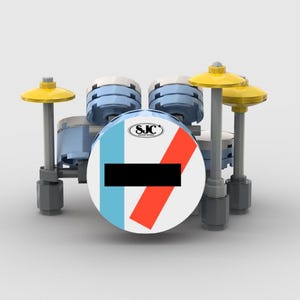 May include: A miniature drum set made of building blocks. The bass drum is white with a black stripe and a red and blue stripe. The set includes light blue drums, yellow cymbals, and gray stands.