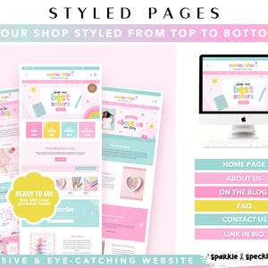 May include: A digital display of website page templates featuring a pastel color palette of pink, yellow, and teal. The layout includes a desktop monitor showing a homepage with the text "shop our best sellers" and a yellow badge stating "READY TO GO!"