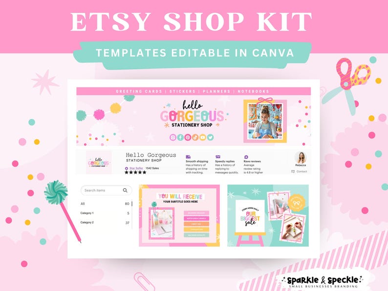 Kit de tienda Etsy para tiendas de regalos y marcas de accesorios / Plantillas coloridas para banners y listados - HGS01 Sparkle & Speckle imagen 1