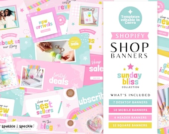 Pastell Shop Banner Vorlage | Canva anpassbare Website-Banner für Schreibwarengeschäfte - SUNB01 Sparkle & Speckle