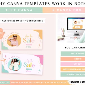 May include: A promotional graphic for DIY Canva templates. The design features two banner examples with the text "Shop the Sale" and "Up to 30% Off." The image also includes a person working on a computer and text that reads "Customize to suit your business."
