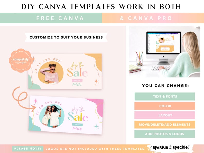 May include: A promotional graphic for DIY Canva templates. The design features two banner examples with the text "Shop the Sale" and "Up to 30% Off." The image also includes a person working on a computer and text that reads "Customize to suit your business."