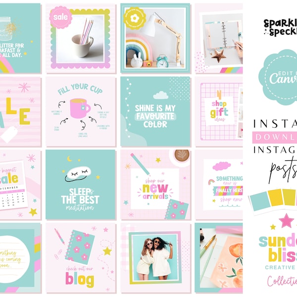 Rainbow Instagram Post Templates Canva, Colorful Social Media Kit, Playfu and Bright Editable Instagram Feed, Sunb01