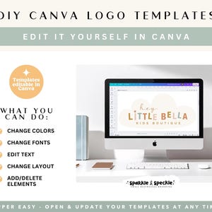 Pu&ograve; includere: Un monitor di computer mostra un logo per "Hey Little Bella Kids Boutique". L'immagine promuove modelli di logo Canva fai-da-te, con opzioni per cambiare colori, caratteri, testo e layout. Il testo "DIY Canva Logo Templates" &egrave; in alto.