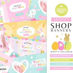 Può includere: Una collezione di banner per negozi Shopify in colori pastello, con temi pasquali e primaverili. I disegni includono coniglietti, uova ed elementi floreali. Il testo include "Shop Our New Arrivals", "Easter Collection" e "Shopify Shop Banners".