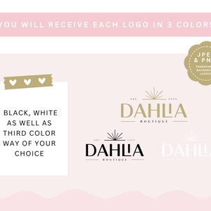 May include: A logo design for a boutique called "Dahlia Boutique" with a stylized sunburst graphic. The logo is shown in three color variations: gold, black, and white. The text "JPEG & PNG Transparent Background Logos" is also included.