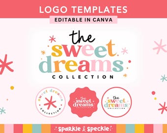 Könnte beinhalten: Ein Grafikdesign mit dem Text "LOGO TEMPLATES" und "EDITABLE IN CANVA". Der Haupttext lautet "the sweet dreams collection" in farbenfrohen, verspielten Schriftarten. Drei Logo-Varianten sind unten abgebildet.
