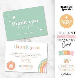 Cartão de agradecimento pela compra em arco-íris, modelo editável do Canva para embalagens e encartes para pequenas empresas, ASH01 - Sparkle & Speckle