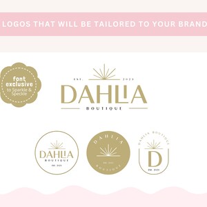 May include: Four different logo designs for a boutique called "Dahlia Boutique" established in 2023. The logos feature a stylized sunburst design and the text "Dahlia Boutique" in a gold font.