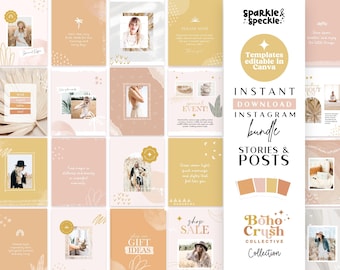 Boho Instagram Post and Story Templates: Canva Editable Social Media Bundle, Neutral Hand-Drawn Earthy Branding - BOHO1 Sparkle & Speckle