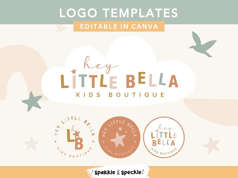 Modello di logo per boutique per bambini in stile boho / Logo modificabile su Canva / Branding per negozio di articoli per bambini / Design del logo per piccole imprese - HLB01 Sparkle & Speckle immagine 1