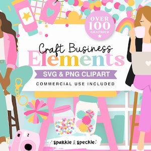 Puede incluir: Un conjunto gráfico digital titulado Craft Business Elements SVG & PNG Clipart que presenta ilustraciones de dos figuras, un caballete rosa, frascos llenos de pompones coloridos, una cámara rosa y varios suministros de manualidades.